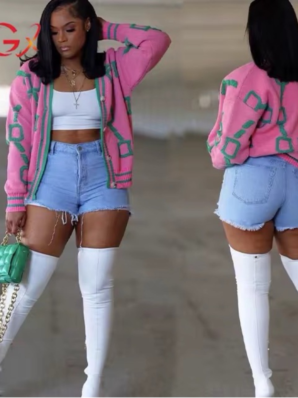 Pink & Green Graphic Knit Zip Cardigan